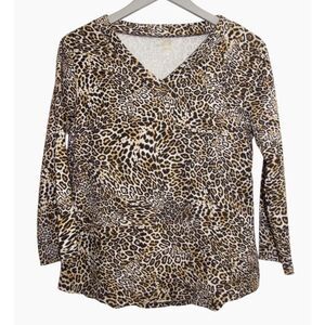 Anne Klein Sport Leopard Print V-Neck 3/4 Sleeve Cotton Knit Top Sz M Petite